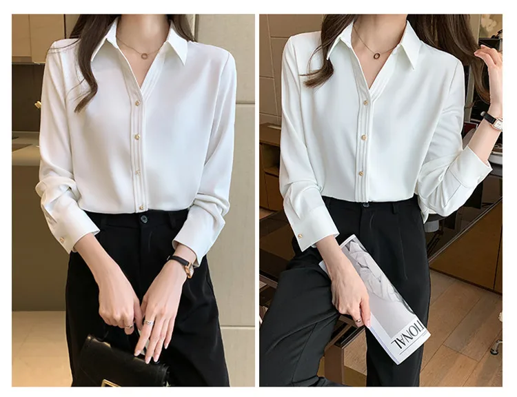 Korean Women Silk Shirts Satin Blouses Women Long Sleeve Shirts Tops Woman White Shirt Blouse Woman V-neck Shirt Top Plus Size poet shirt