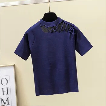 

Summer Autumn Women Sweaters Short Sleeve Sexy Hollow Out Solid Pullover Sweaters Slim Knitted Women Top Tees swetry damskie