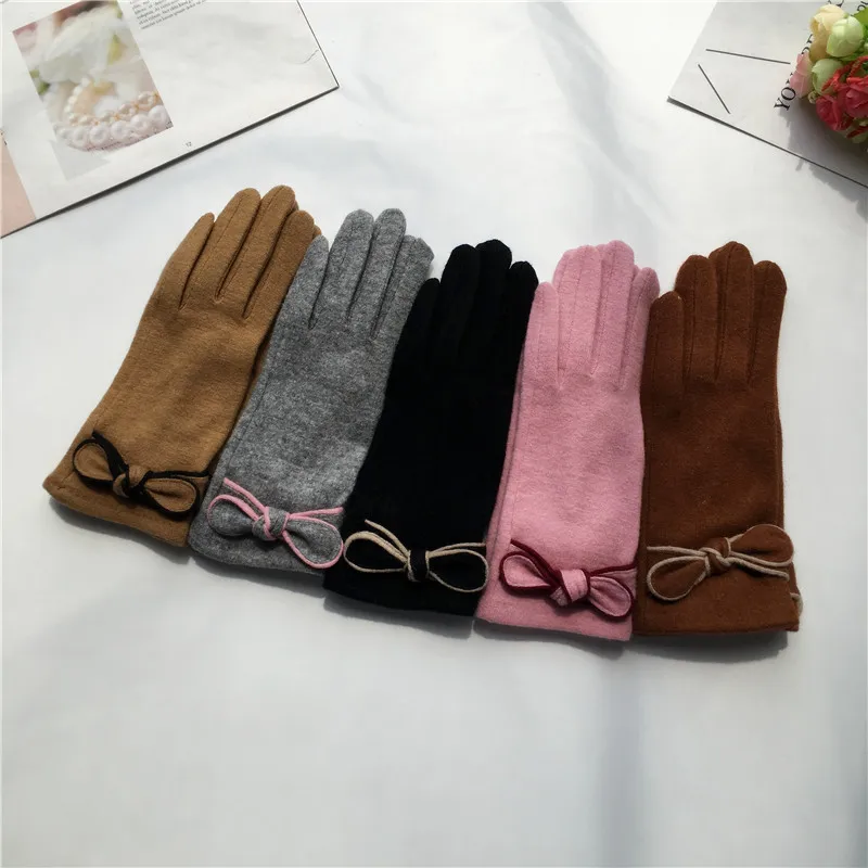 Осенние и зимние студенческие перчатки с бантом, Корейская версия милых тонких шерстяных теплых женских перчаток для сенсорного экрана TOTOB