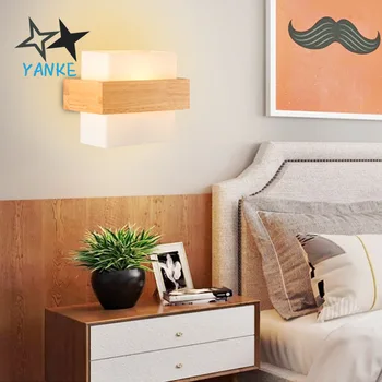 

Indoor creative square wall lamp LED living room bedroom simple wooden bedside decorative lamp solid wood glass wall lamp