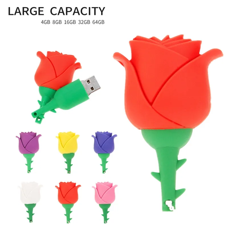 Usb Flash Drive 64GB 32GB Romantic Gift Rose USB 2.0 16GB 8GB 4GB Pen Drive Pendrive Cartoon Flower Memory Stick U Disk 128GB8GB