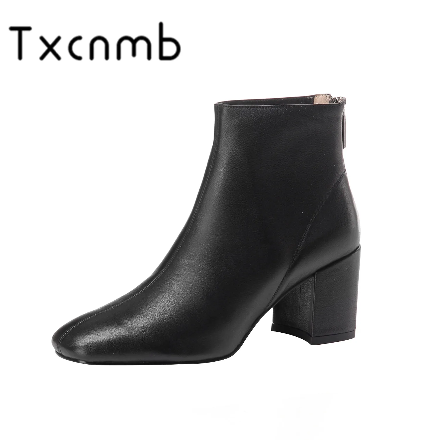 

TXCNMB Autumn/winter New Fashion Shoes Side Zipper Handmade Genuine Leather Boots Round Toe Square Heel Women Boots