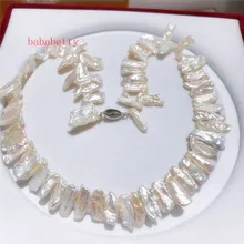 Около 7x17 мм натуральный белый пресноводный жемчуг нерегулярные Кеши барочное ожерелье серебро 925 пробы застежка