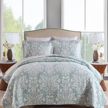 

1 Pc Bed Cover+2 Pcs Pillowcases Acacia Leaf Print Bedspread Light Cyan Blanket/Sheet Pure Cotton Quilt Queen Size Bed