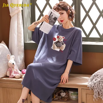 

Soft Fashion Crew Neck Woman Clothes Summer Ladies Blue Nighties for Woman Bear Printing Big Size Preppy Style Short Sleeve Cute