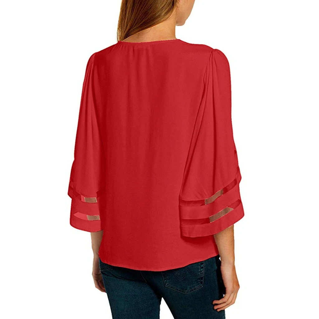 JAYCOSIN Fashion Loose Blouse Female V Neck Mesh Panel Blouses 3/4 Bell Sleeve Casual Loose Blouse Patchwork Ladies Girls 802