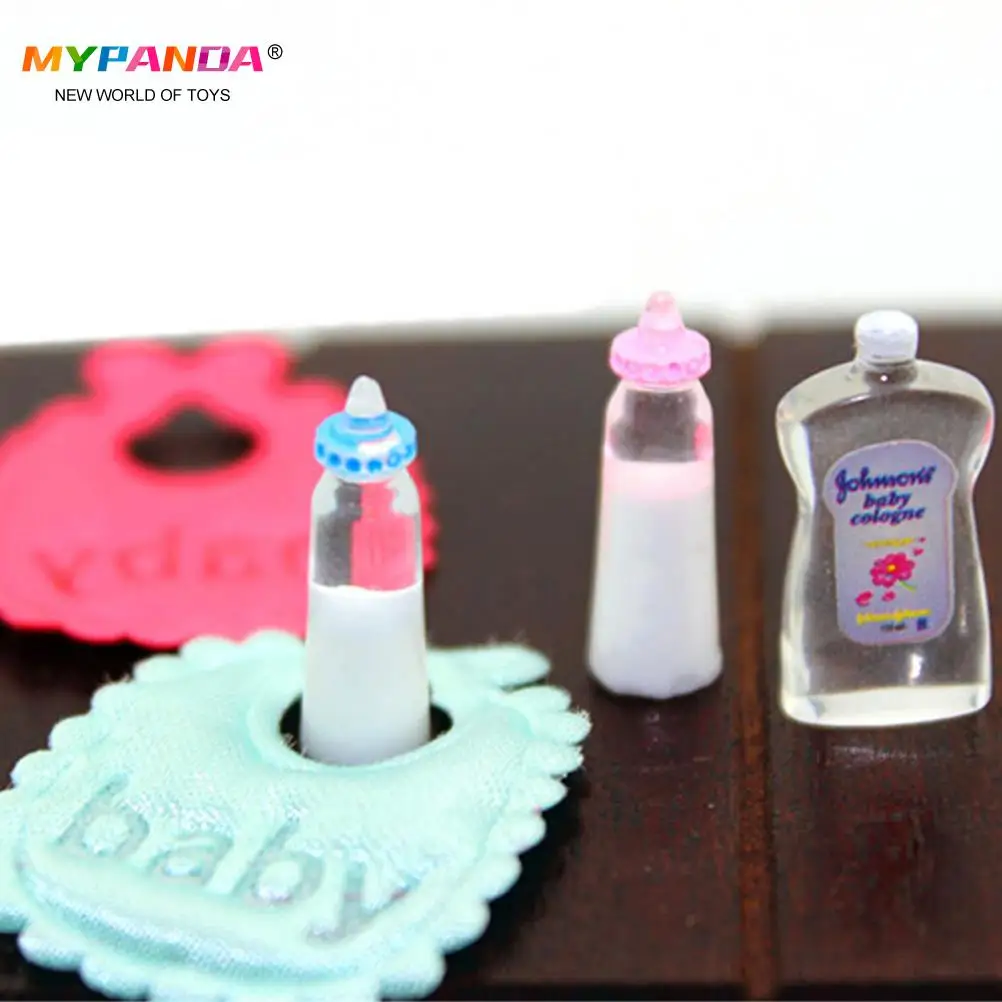1set 1:12 Dolls House Miniature Baby Bottles Shampoo Bibs Set Nursery Accessory Gift Baby Bottles Set doll accessories plush doll accessories