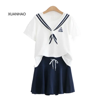 

Women Two Piece Sets Tops And Skirts Cartoon Embroidery Lace Up T Sirts Hight Waist And MIni Pleated Skirt 2020 women sets