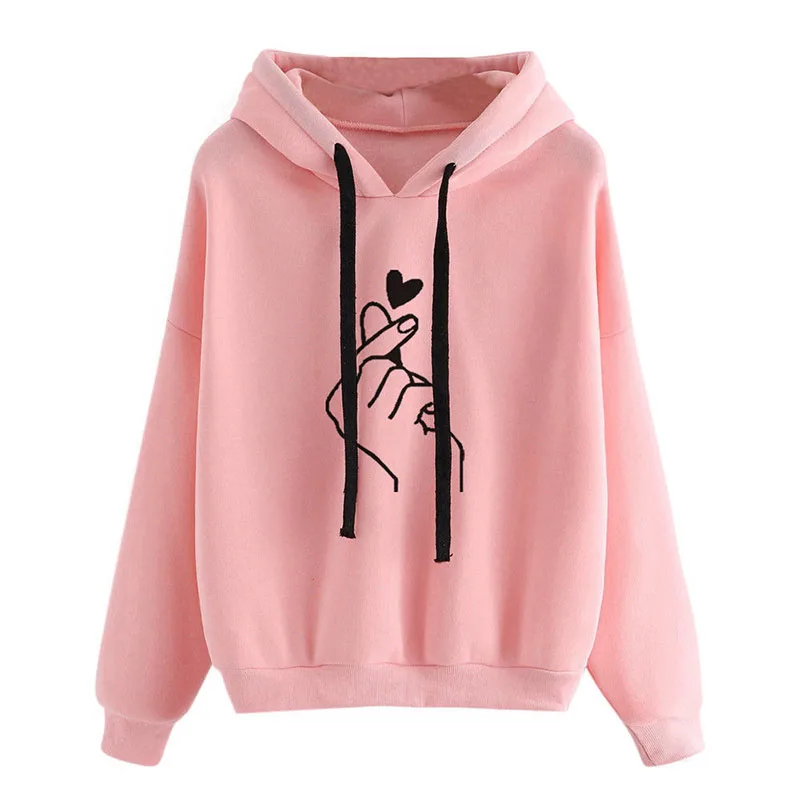  Casual Finger Heart Love Pattern Hooded Sweatshirts Women Hoodies Fashion Drawstring Long Sleeve Fe