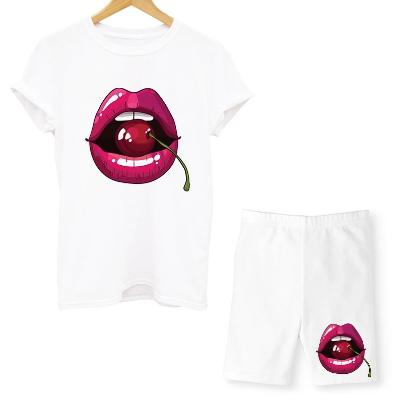 Women Two Piece Set Lips T Shirts And Shorts Pyama Sets Summer Casual Joggers Tracksuit Shorts Sexy Outfit For Woman Clothing white two piece set Women's Sets