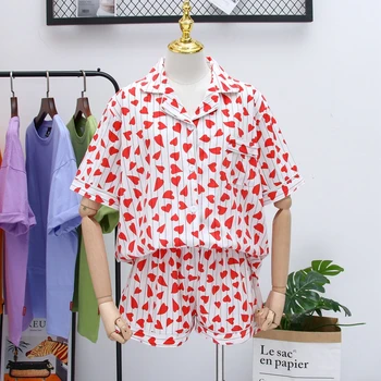 

New Kpop Bangtan Boys JK Pajamas Women Heart Stripe Print Shirts Korean Full Hearts Print Pyjamas Sets Spring Summer Tees