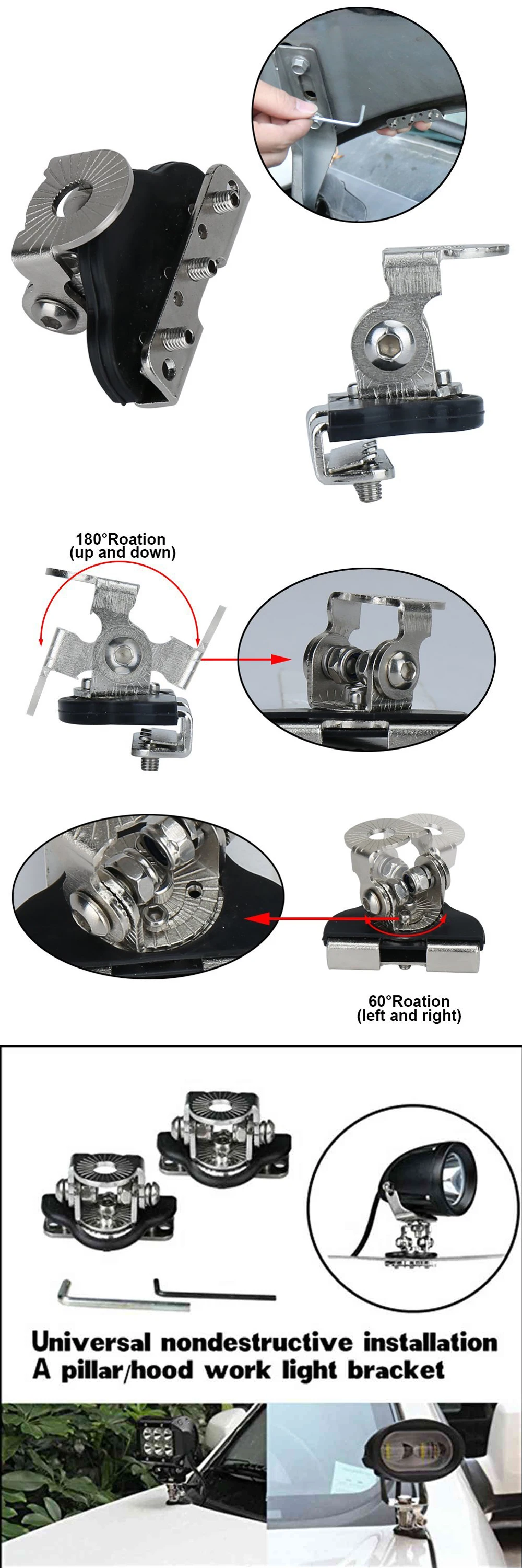 2 шт., светильник Braket, универсальный, из нержавеющей стали, автомобильный, авто, капот, светодиодный, рабочий Кронштейн, держатели, вращающийся головной светильник, вспомогательный кронштейн