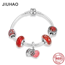 925 пробы, серебряное, красное сердце, древо жизни, подвески, стеклянные бусины, браслет, выгравированный, ослепительно прозрачный CZ, круглая цепочка для женщин, ювелирные изделия