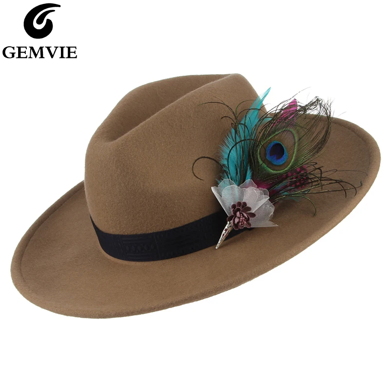 Винтаж Для женщин Джаз Кепки Fedora Hat Solid Цвет широкими полями ковбойской шляпе элегантный перо декор 100% шерстяного фетра Шляпа от солнца