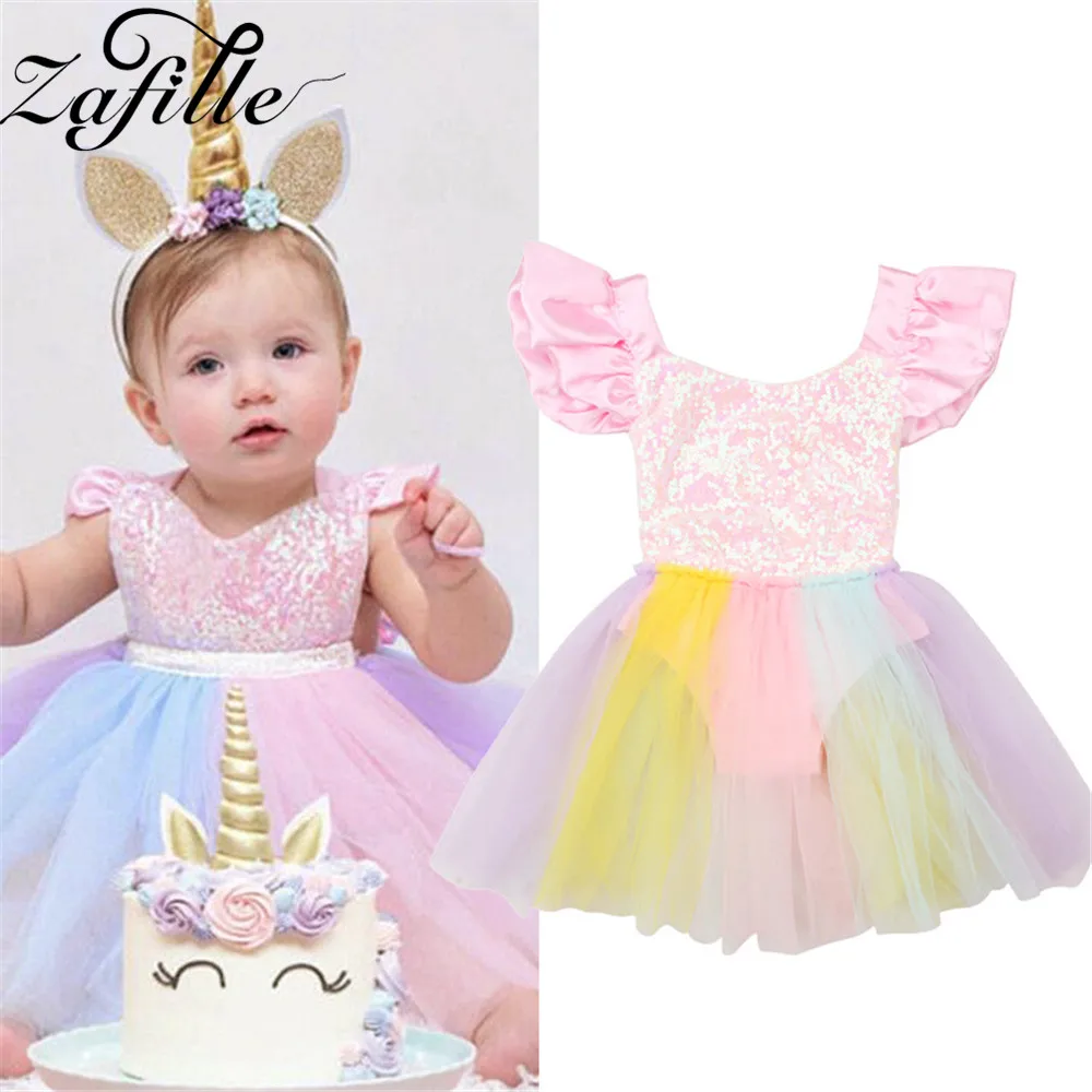 

ZAFILLE Infant Baby Girl Clothes Patchwork Mesh Girls Summer Dress Flare Sleeve Kids Clothes Cute Princess Birthday Party Dress