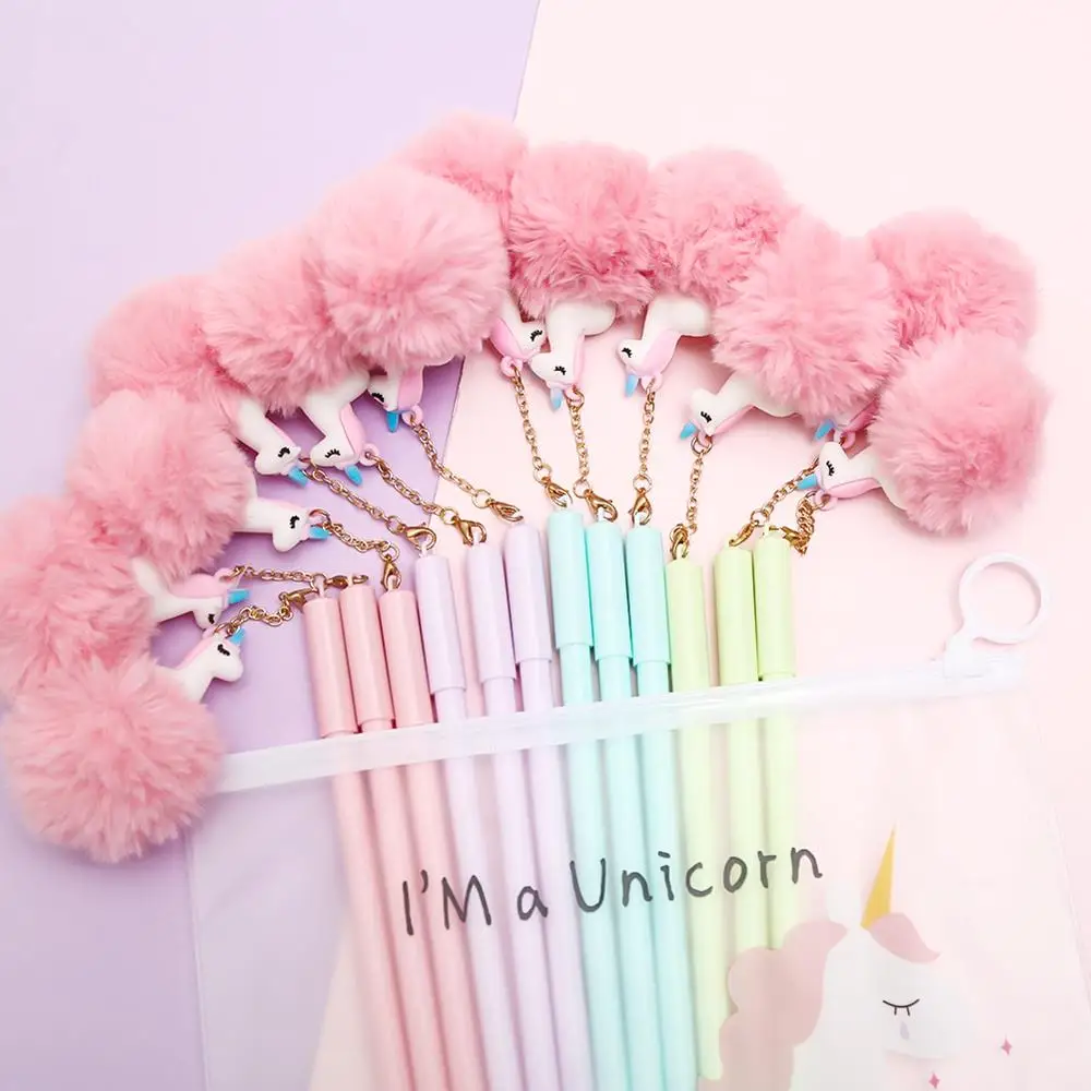 

8Pcs/set Kawaii Cute Ball Top Unicorn Gel Pens Animal Fluffy Plush Pendant Stationary Fine Point Christmas Gift Pencil Case Ba