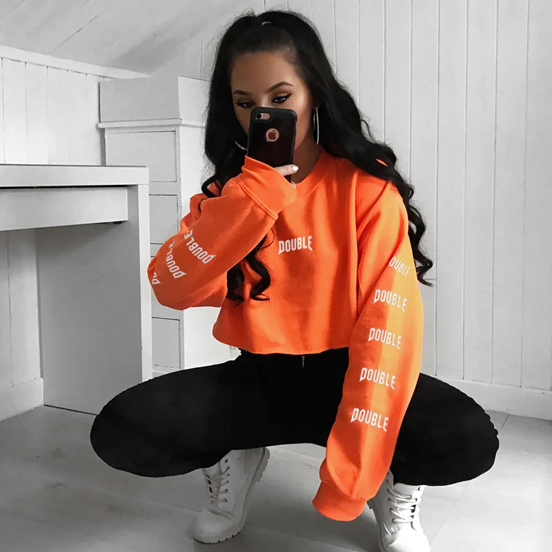 

Streetwear Cropped Oversized Hoodie Letter Print Orange Loose Casual Sweatshirts Women Fall Clothing 2019 New Design AB1664