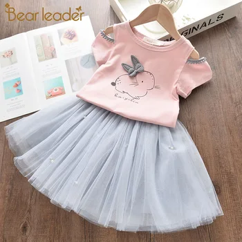 

Bear Leader Girls Clothing Sets New Summer Fashion Style Cartoon Rabbit Printed T-Shirts and Pink Dress 2Pcs Girls Clothes Sets