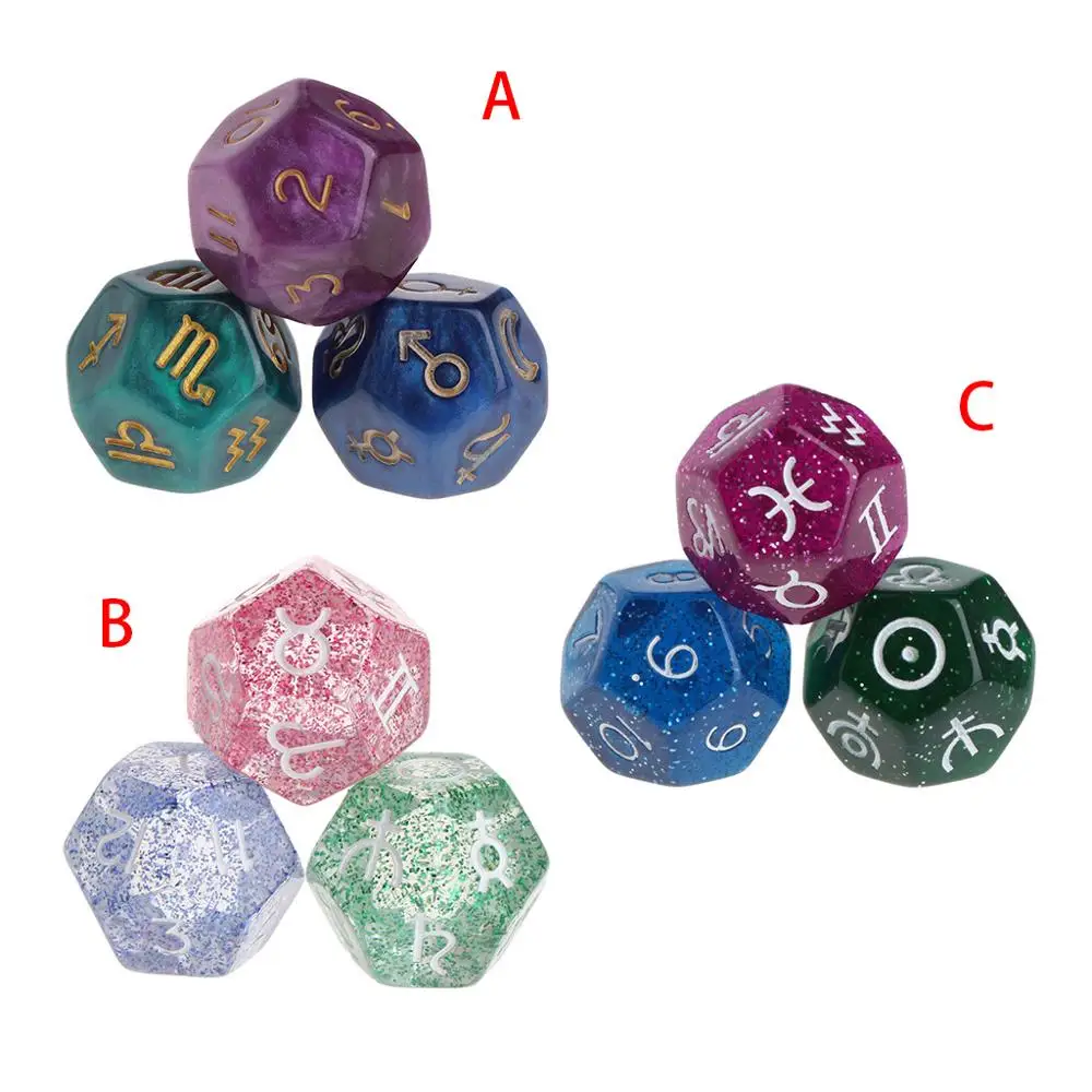 3 шт Многоцветный 12-сторонние игральные кубики из каучука, Таро Созвездие Гадания и предсказания