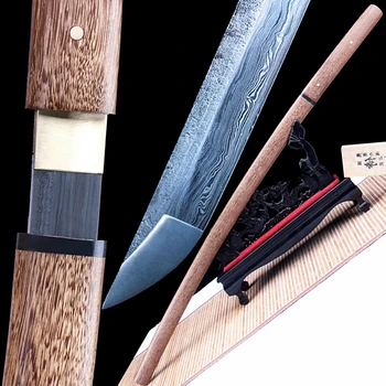 

Folded-Forging Damascus Steel Blade Sharp Japanese Stick Dao Sword Samurai Katana Nice Pear Wood Saya Real Knife Swords