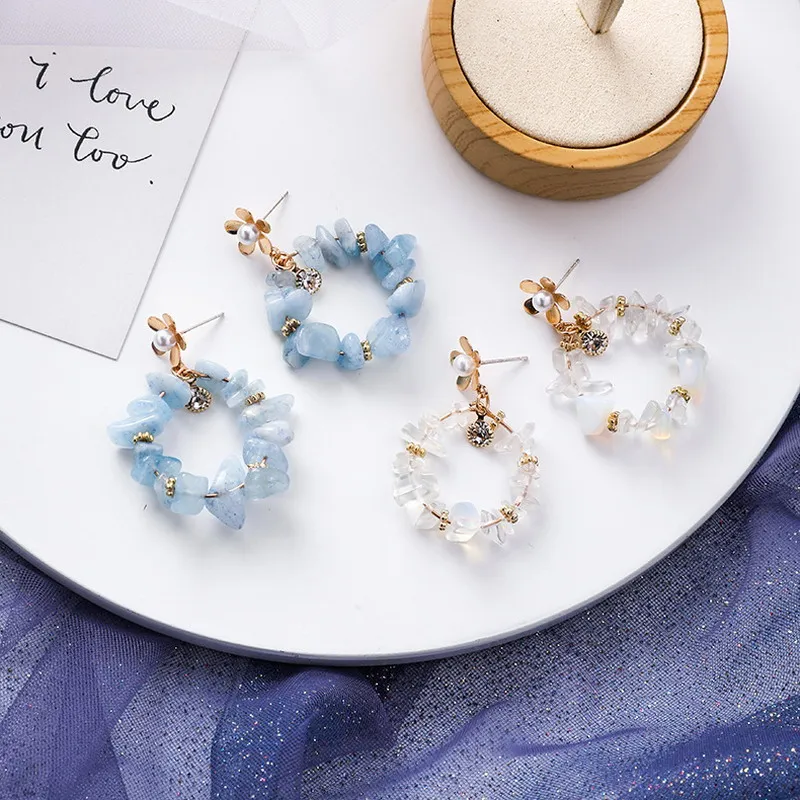 

2019 New Fashion DIY small flower Round Irregular Stone Earrings Personality Cold Wind Earrings Jewelry For Femme Gift For Women