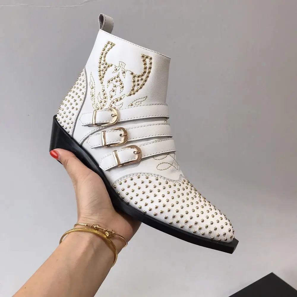 

Vibsterimma High Quality Studs White Leather Strap Boots Women Genuine Leather Zip Ankle Boots Female Martin Motorcycle Booties