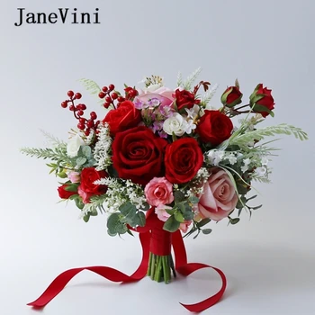 JaneVini-ramos de Novia de peonías Rojas, Flores artificiales de seda, Ramo falso para boda, Ramo de Flores falsas para Novia 2021