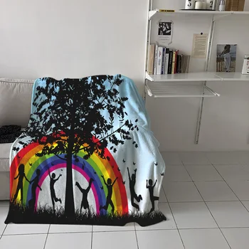 

Children Playing Rainbow Big Tree Printed Flannel Blanket Soft Throw Blanket Machine Washable Blankets for Beds