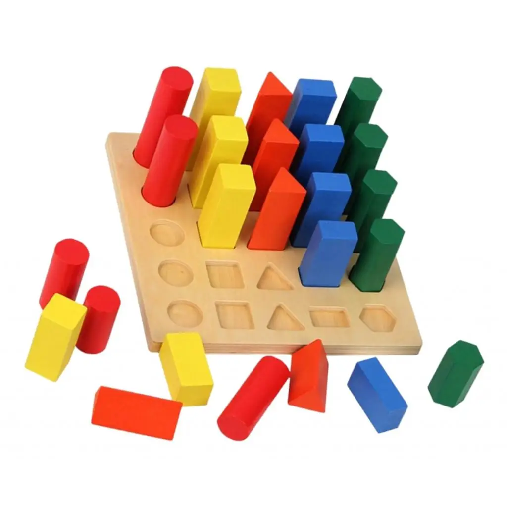 Montessori Materials Shape Sorter Toy for Toddlers Preschool Kids, Wooden Colored Geometric Pillars Ladder Blocks