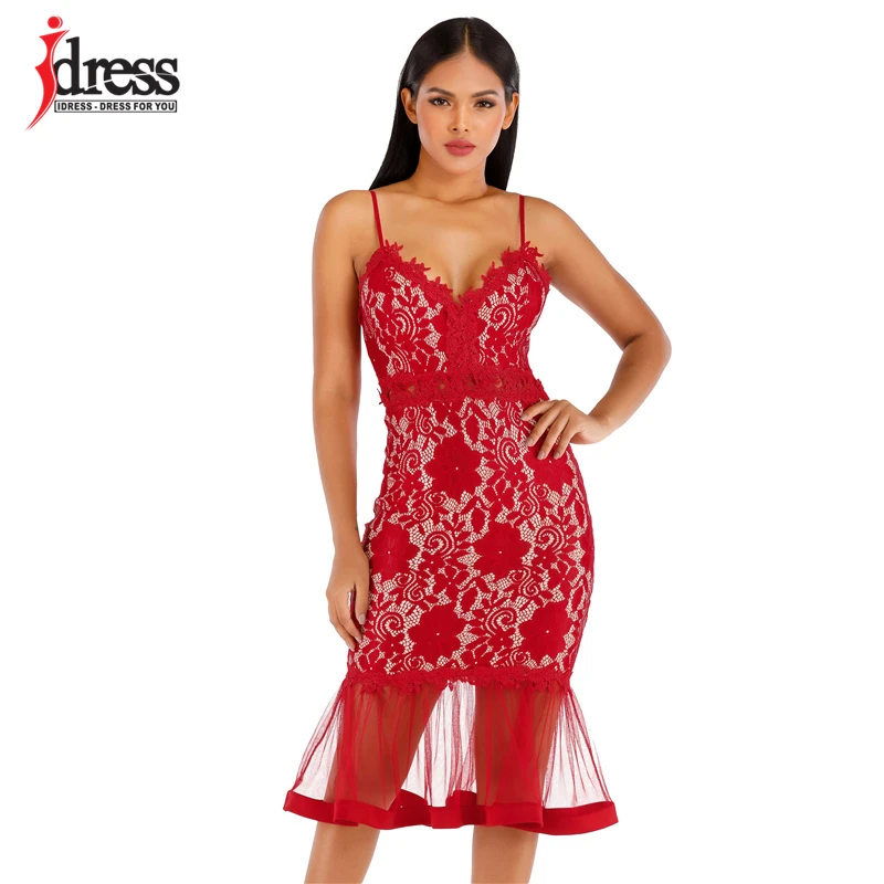 Красный IDress, большой размер, Вышитое облегающее платье, Vestidos De Fiesta De Noche, женское элегантное платье в виде рыбьего хвоста, сексуальное платье на бретелях, кружевные платья - Цвет: Красный