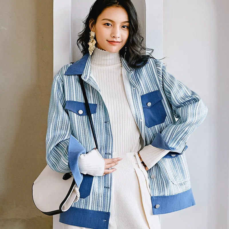 

New Winter Jacket for Women 2019 Loose Large-scale Vertical Stripe Stitching Blue Medium-length Jacket Striped Women Long Coat
