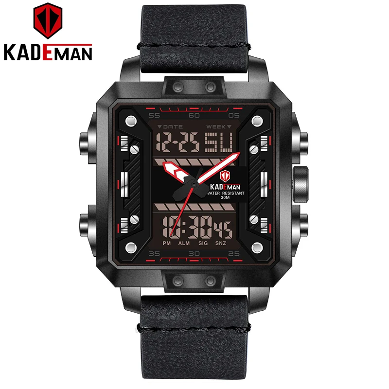 KADEMAN, новинка, роскошные квадратные часы для мужчин, спортивные, водонепроницаемые, военные, наручные часы, Лидирующий бренд, двойной ход, мужские, t, повседневные, кожаные часы - Цвет: K6153-B-RE-B