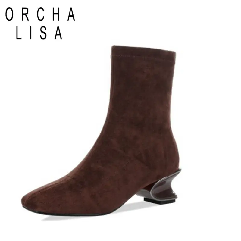 

ORCHA LISA Brand sock boots women stretch ankle booties strange heels real kid suade autumn spring Shoes