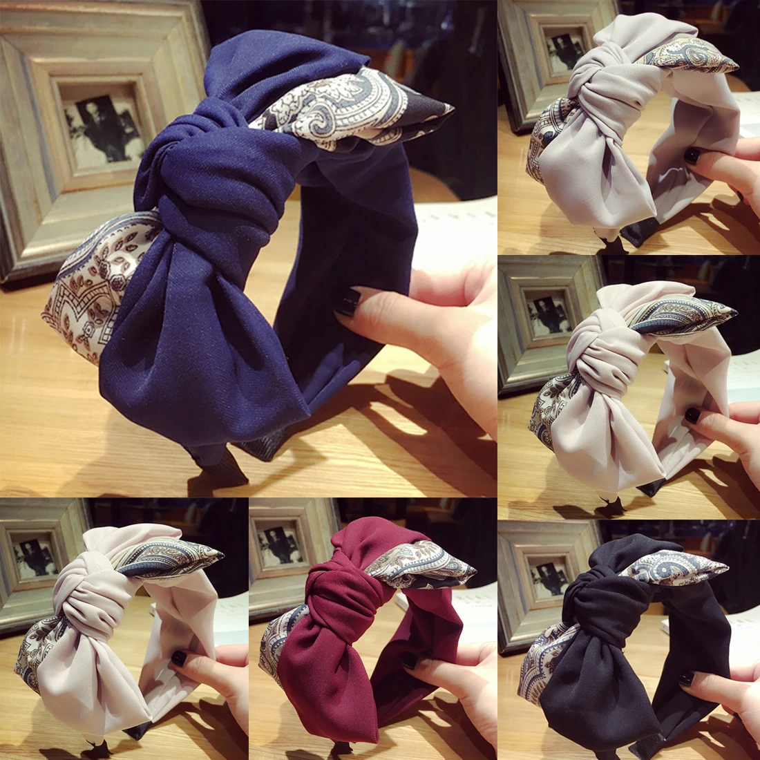

Women Fashion Hair Hoop Bowknot Solid Floral Splicing Cross Knot Colorful Non Slip Design Wide Headband Hair Accessories