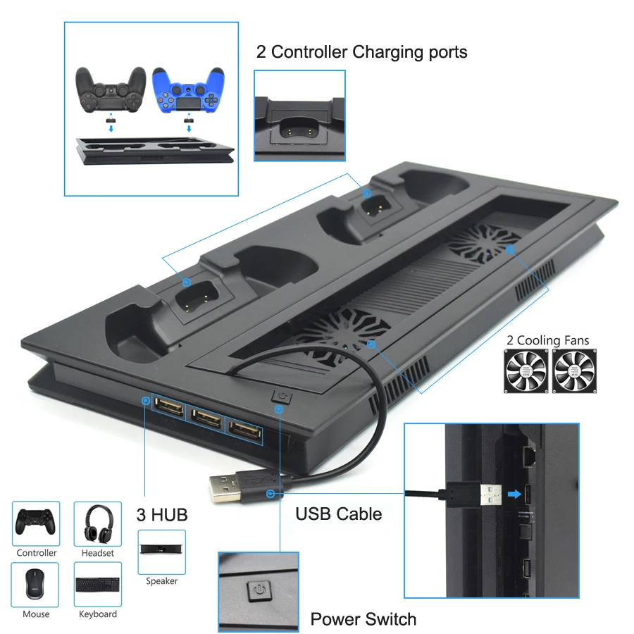 PS4 тонкий светодиодный вертикальный стенд 2 контроллера Зарядное устройство Док-станция охлаждающий вентилятор для игровая приставка Сони 4 PS 4 тонкие комплектующие для консоли