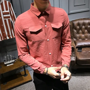 

Breathable Double Pocket Men Shirt Long Sleeve Harajuku Design Folds Casual Man Shirts Dress Camisa Hot Sales With Free Shipping