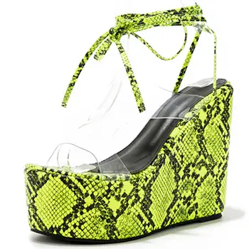 

Women Shoes Platform Sandals Women Peep Toe High Wedges Heel Ankle Strap Sandalia Snake Print Female Sandals PVC Upper Shoes