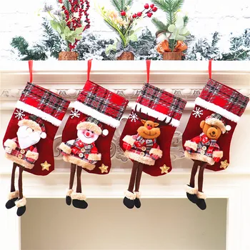 

Christmas Tree Pendant Gift Bag Christmas Ornaments Old Man Socks Gingham Doll Linen Socks