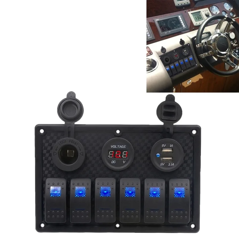 

Car/Caravan/Ship 5Pin Double Lamps 6-bit Switch + Cigarette Lighter Seat + Double USB + Voltmeter Group