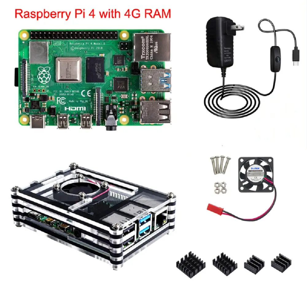 RPI4 4G with kits Raspberry Pi 4 Model B с 1/2/4GB Оперативная память RPI4 акриловый чехол RPI 4B 5V3A Мощность адаптер Вентилятор охлаждения Алюминий теплоотвод опционально - Комплект: RPI4 4G with kits