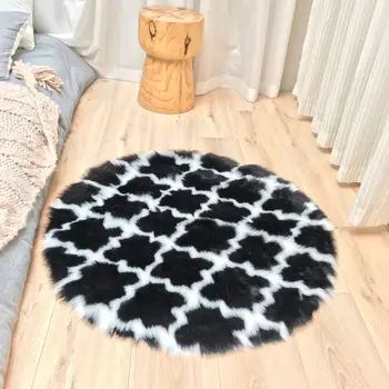 

Moroccan Trellis Area Rug Round White Black Carpet For Living Room Modern Fur Faux Rugs Bedroom Round Fluffy Mat Washable Soft