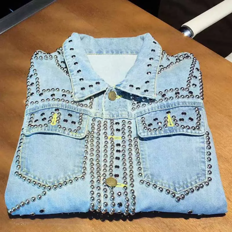 KIOVNO Men Punk Rivet Denim Jackets With Rhinestone Fashion Style Jeans Jackets Outwear Male Multi Pockets Size S-4XL (21)