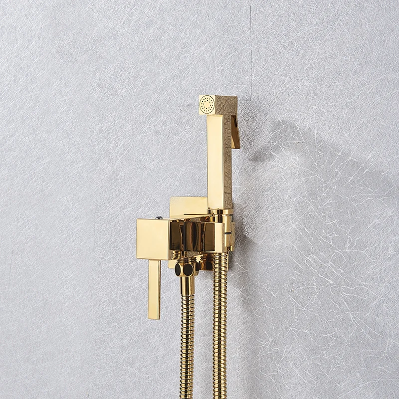 Onyzpily Bidet Faucet Golden Chrome Brass Shower Tap Washer Mixer Cold Hot Water Mixer Crane Square Shower Sprayer Head