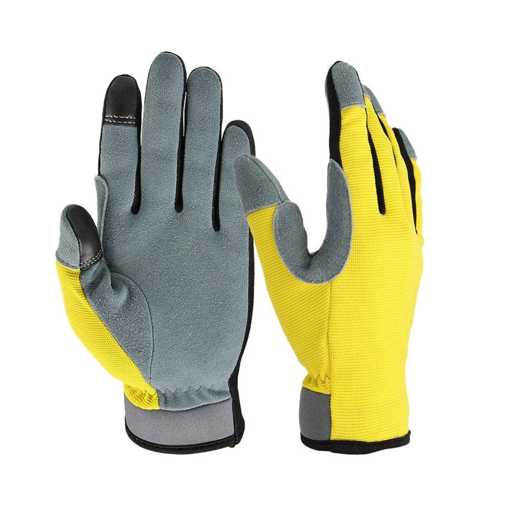 Flexible Light Utility Gloves with Genuine Leather Palm and Sensitive Touch Screen Fingertips Breathable Gloves for Working DIY