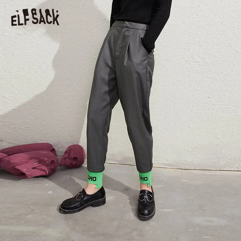 ELFSACK Solid Minimalist Straight Casual Women Harem Trousers,2020 Autumn ELF Colorblock High Waist Korean Ladies Daily Bottom ELFSACK Solid Minimalist Straight Casual Women Harem Trousers,2020 Autumn ELF Colorblock High Waist Korean Ladies Daily Bottom