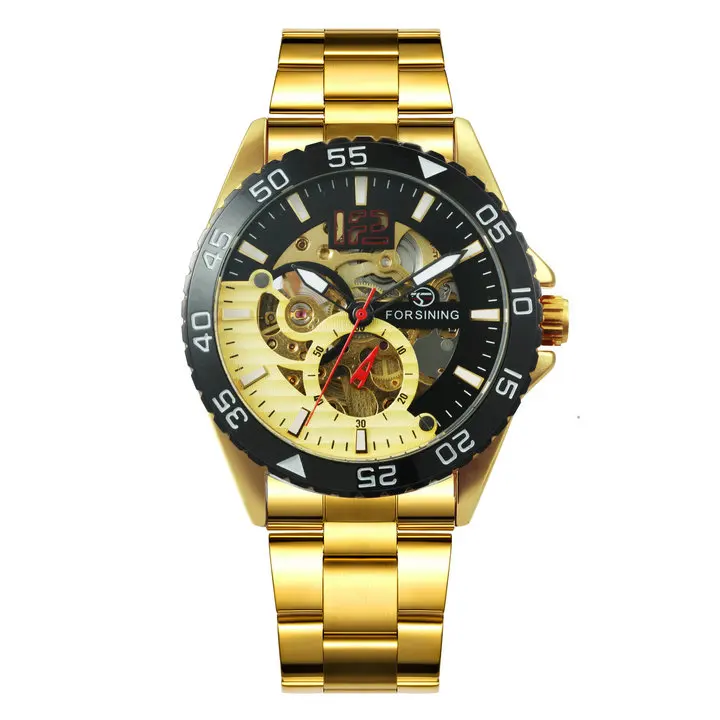GOLDE BLACK FORSINING Business Automatic Mechancial Watch Men Classic Skeleton Mens Watches Top Brand Luxury Steel Strap Wristwatch Gift - Цвет: GOLDE BLACK