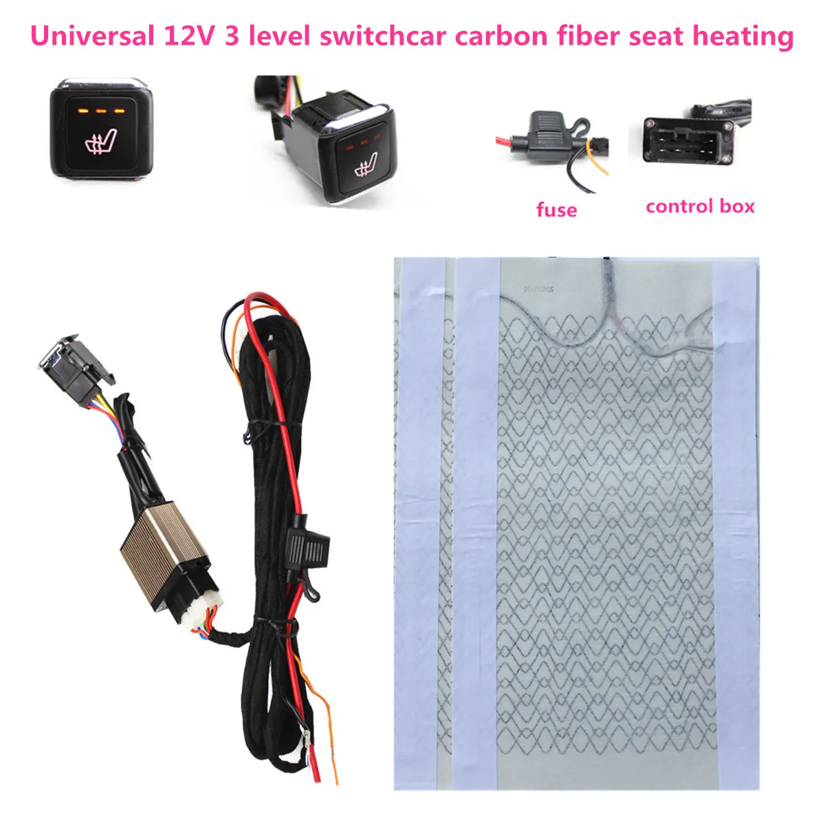 Universal 2 seats 4pcs 12v car carbon fiber 3 level heated seat heater pad  switch kit Round Switch Winter Warmer Seat Covers