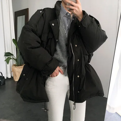 

South Korea Dongdaemun Drawstring Waist Hugging Large Pocket Short Loose-Fit Workwear Coat Solid Color Cotton Coat