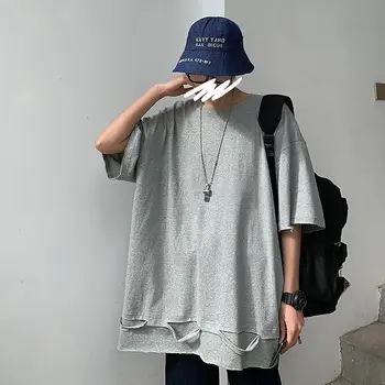 

Men's short-sleeved T-shirt 2020 spring and summer new solid color hole loose T-shirt hip-hop youth fashion trend men's clothing