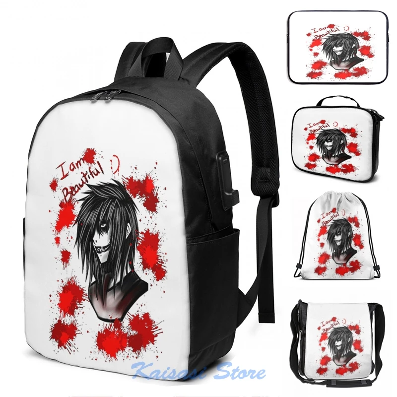 Забавный графический принт рюкзак Jeff the Killer с USB зарядкой мужские школьные сумки